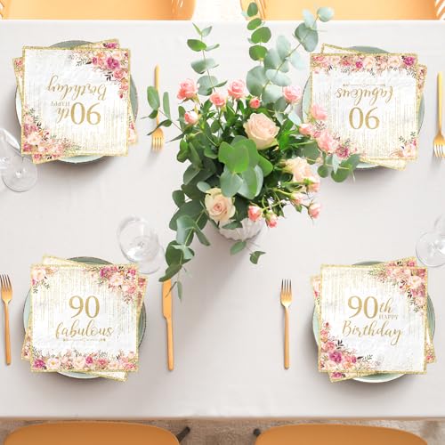 90th Birthday Napkins - 40 Disposable Rose Gold Party Napkins