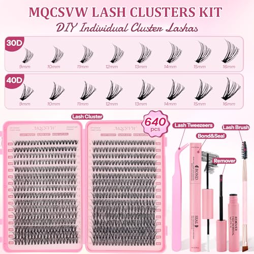MQCsvw 30D+40D Lash Clusters Kit 640Pcs Natural Wispy False Eyelashes DIY 9-16mm with Bond, Remover & Tweezers