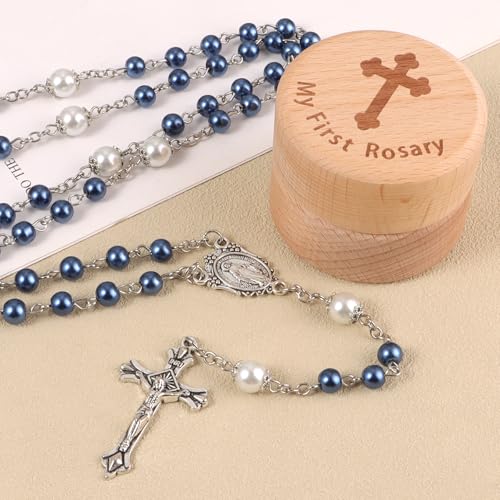 My First Rosary Baptism Gift Set with Wooden Keepsake Box - Blue