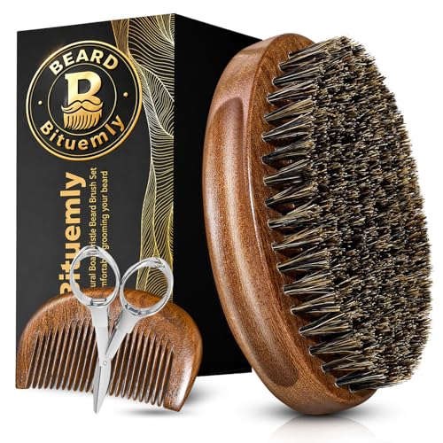 Bituemly Beard Grooming Kit: Boar Bristle Brush, Wooden Comb & Scissors