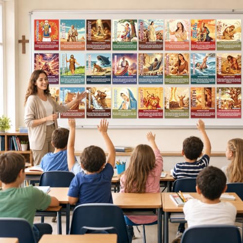 Inspirational Bible Heroes Posters Set - 24 Colorful Wall Art for Classrooms & Churches