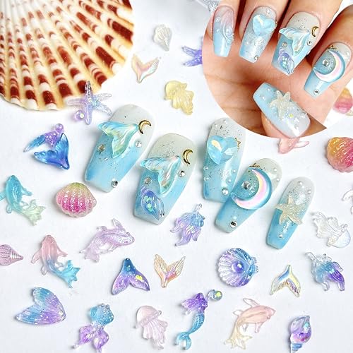 200Pcs Ocean Nail Charms - 3D Resin Starfish & Jellyfish Gems