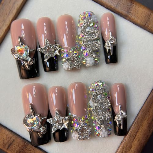 Luxury Long Square Press-On Nails with Black French Tips - Style 10