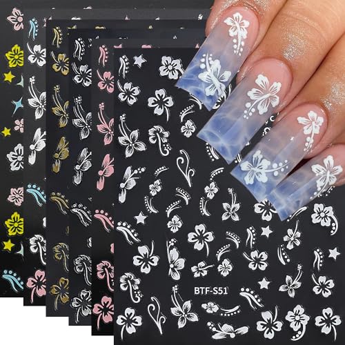 Hibiscus Flower Nail Stickers - 6 Sheets Self-Adhesive Tropical Decals