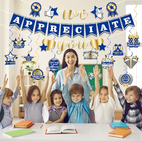 We Appreciate You Banner Decorations - Blue Gold Party Streamers