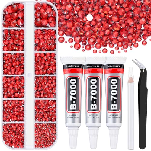 BELLEBOOST 6000pcs Red Rhinestones Bedazzling Kit with 12 Grid Sizes, Tweezers & Glue