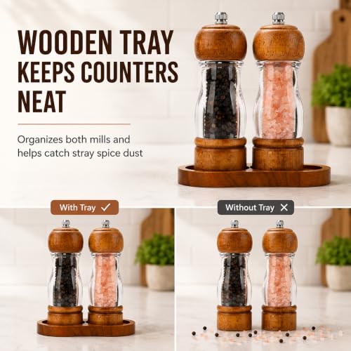 Manual Salt and Pepper Grinder Set with Oak Tray - Adjustable Ceramic Mills