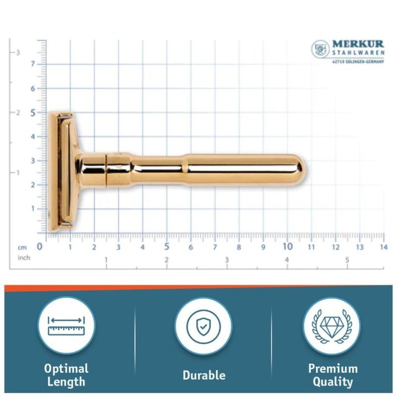 MERKUR FUTUR 702 Adjustable Double Edge Safety Razor - Bright Gold, Adjustable Razor With Dial, Made in Germany, Plastic-Free, Snap-On Cap Design, Straight Bar