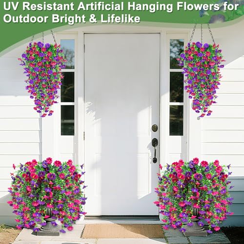 4-Pack UV Resistant Artificial Hanging Flowers - Faux Petunias & Eucalyptus for Indoor/Outdoor Decor