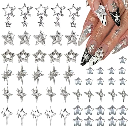 55pcs Y2K Silver Star Nail Charms - 3D Rhinestones for Nail Art