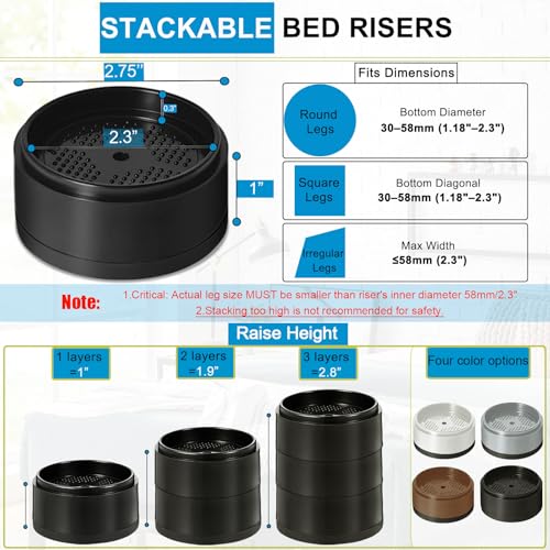 Adjustable Bed Risers 1-4 Inch Heavy Duty Furniture Lifter - 6 Pack