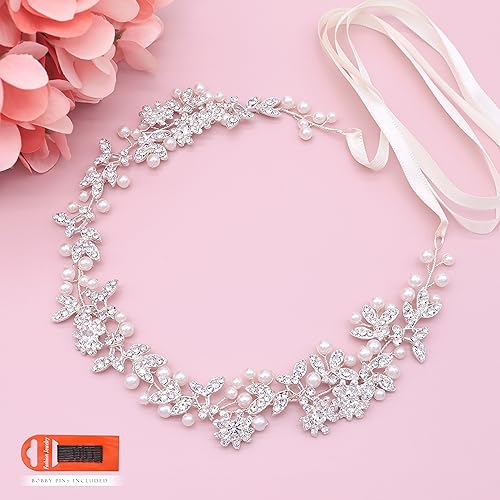 Silver Crystal Pearl Bridal Headband - Bohemian Wedding Hair Accessory