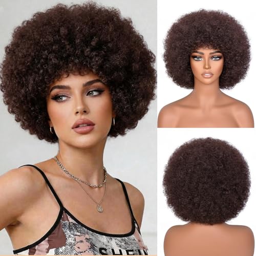 YWAYS HAIR Brown Afro Wig with Bangs for Black Women 70s Curly Short Synthetic Cosplay