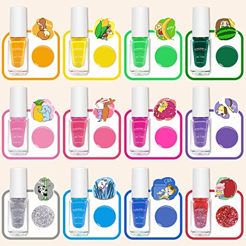 Wakaniya Kids Nail Polish Set 12 Candy Colors for Girls - Safe Toddler Peel-Off Nail Kit with Stickers - Variant A