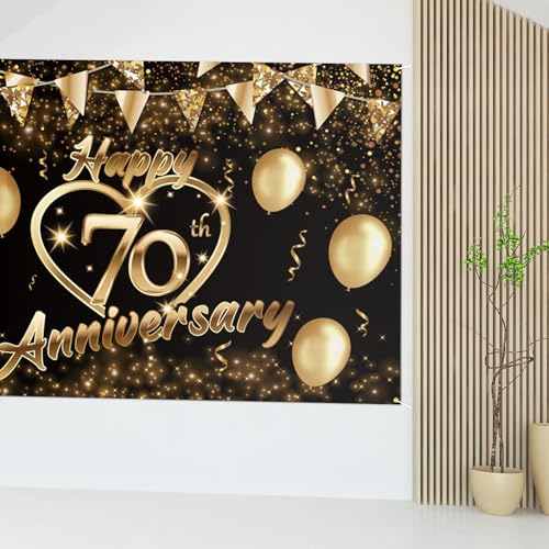 Happy 70th Anniversary Party Backdrop Banner - Black Gold Glitter