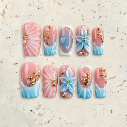 Medium Square Press on Nails with 3D Shell & Starfish Decor - M Size