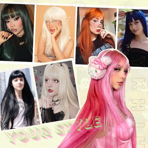 Black Synthetic Long Straight Wigs for Women with Bangs - 28 Inch, Realistic, Heat-Resistant Fiber, Adjustable Cap
