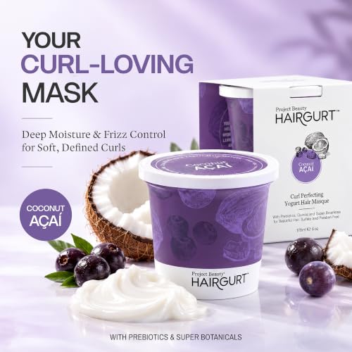 Hairgurt Curl Perfecting Yogurt Hair Mask - Deep Conditioning for Curly & Wavy Hair - Natural Coconut & Acai - 6 oz