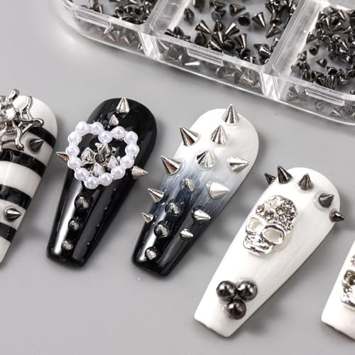 Colorful 12Pcs Gothic Punk Nail Charms Set with Metallic Rivets & Spikes - Silver Black