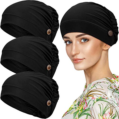 Geyoga 3 Pcs Black Bouffant Caps with Buttons - One Size