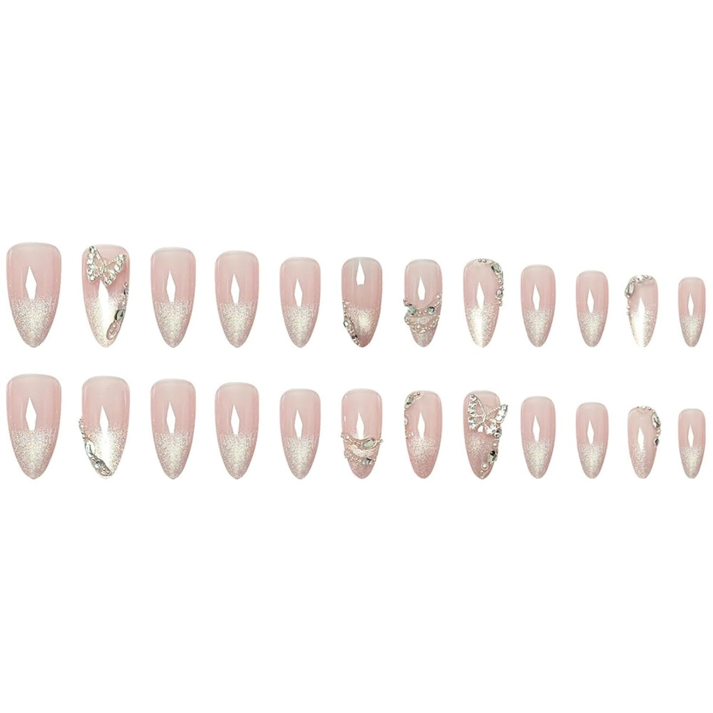 Almond Press-On Nails - Ombre French Tip with Butterfly Designs | 24 Pcs Set for Women