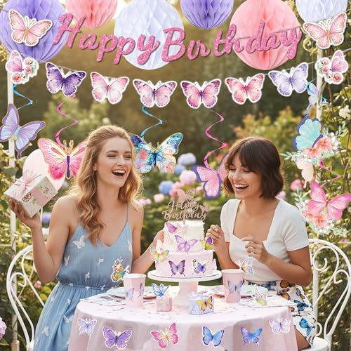 Butterfly Birthday Decorations Set - Purple Happy Birthday Banner & Cake Topper