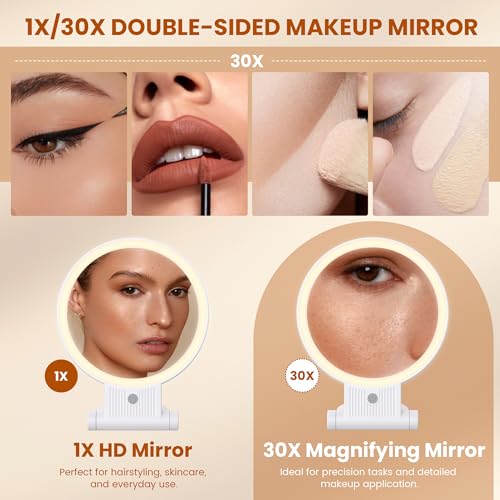 Tubbede Makeup Mirror with Light, 1X/30X Magnification, 3 Color Modes, Rechargeable Grey