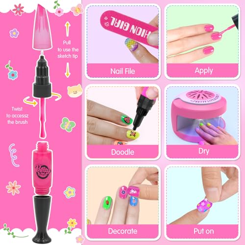 BATTOP Water-Based Kids Nail Polish Set with Dryer & Nail Tips Kit, 6 Colors & Stickers