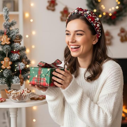 Villorem Red Buffalo Plaid Christmas Headband with Pearls & Rhinestones - One Size, 2 Pack