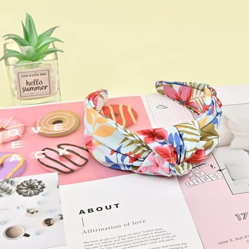 Yonchic Blue Flower Print Knotted Headbands for Women