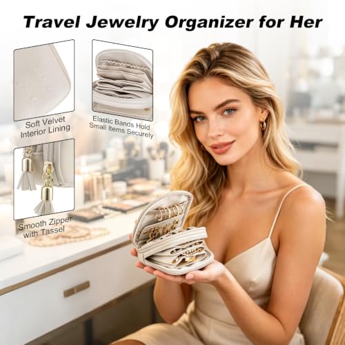 Travel Jewelry Case - 2-Layer Organizer for Rings, Earrings & Necklaces - Cream White