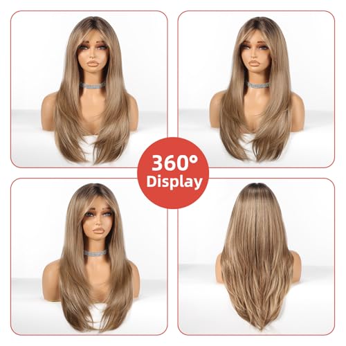 Allbell 24-Inch Ombre Light Brown Long Straight Layered Synthetic Wig