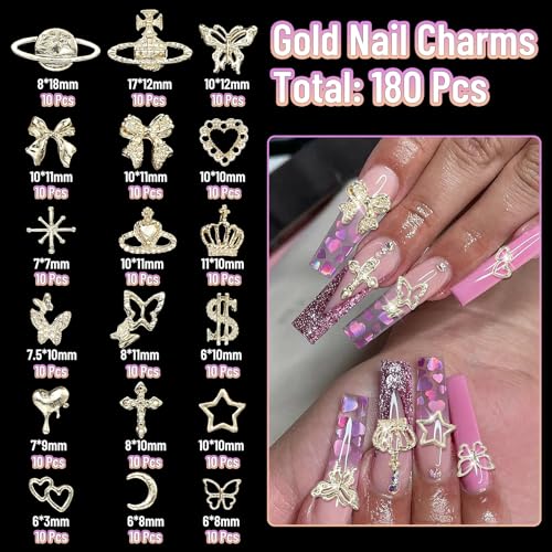 180 Pcs Gold Nail Charms and Gems - DIY Nail Art & Craft Jewelry