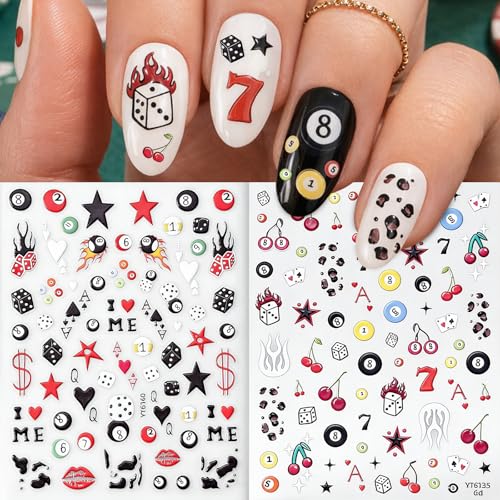 SKYCLOUD Self-Adhesive 3D Nail Stickers - Pool Balls & Dice Design, Lucky 7, Casino Theme, 3 Sheets - Nails Sticker-zh513