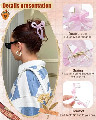 Molans 3pcs Bow Hair Clips for Women - White/Pink/Purple, Cute Thick Hair Claw Accessories