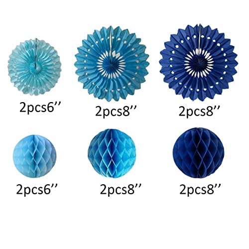 12pcs Blue Honeycomb Balls & Tissue Paper Fans for Parties