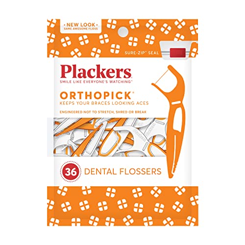 Plackers Orthopick Flossers - 36 Count Orthodontic Dental Floss Picks with Toothpick & Ergonomic Handle