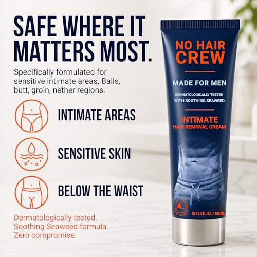 No Hair Crew Intimate/Private At Home Hair Removal Cream for Men - Painless, Flawless, Soothing Depilatory for Unwanted Coarse Male Body Hair, 100ml