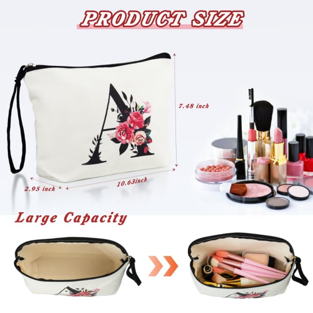 Personalized Floral Initial Makeup Bag for Women - Travel Cosmetic Pouch, White