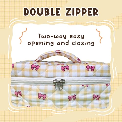 MYSMOR Large Quilted Makeup Bag, Yellow Gingham Cosmetic Case with Bows
