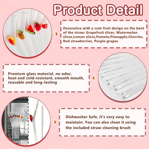 Reusable Glass Straws Set with Fruit Charms - 10 Pack, 7.9"