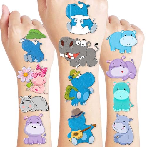 Frawharmone 96PCS Kids Hippo Temporary Tattoos - Jungle Party & Kids' Fun