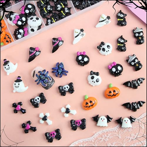 12 Grids Halloween Resin Nail Charms 3D Vintage Punk Spider Skull
