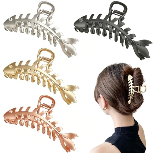 KuuGuu Fish Bone Hair Claw Clips 4-Pack Large Metal Non-Slip Hair Accessories