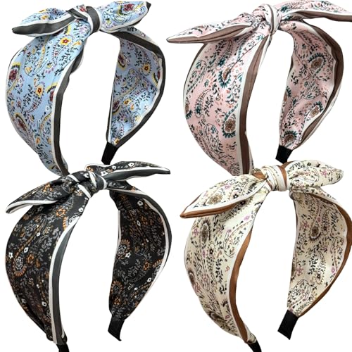 Jseng 4-Pack Boho Floral Rabbit Ear Headbands for Women