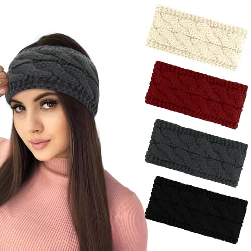 Araluky 4 Pack Women’s Winter Ear Warmers Knit Headbands - Cable Fleece-Lined for Ski, Running, Cycling, Daily Use - White, Red, Gray, Black