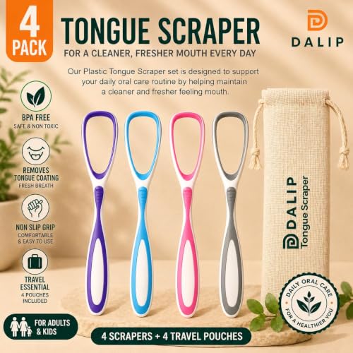 Glam by Dalip 4-Pack Plastic Tongue Scrapers with Travel Pouches, BPA Free Oral Hygiene Tool for Adults & Kids