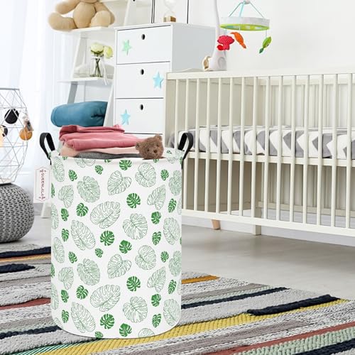QUEENLALA Large Foldable Round Storage Basket - Waterproof, Green Leaf