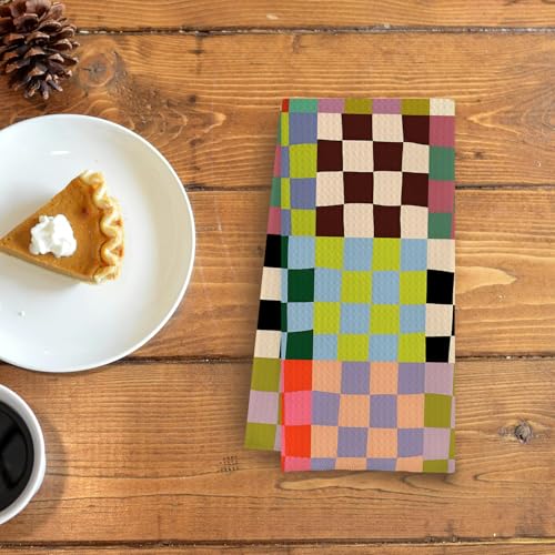 Colorful Checkered Hand Towels - 100% Cotton, 16x24 Inch Absorbent Kitchen & Bathroom Towels