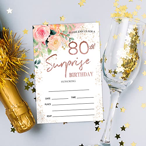 80th Birthday Party Invitations - Floral Pink Theme, Set of 20